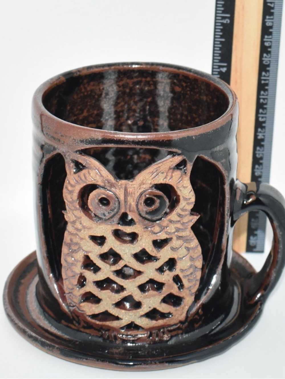 Studio Art Pottery Vintage Glazed Laser Cut Owl Luminary Candle Holder Tea Light